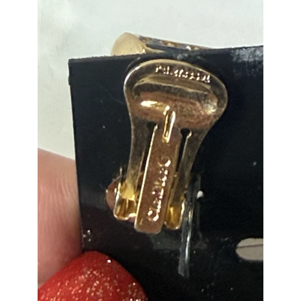 Vintage Christian Dior Gold Tone Black Rhinestone Hoop Clip On Earrings - Picture 5 of 16
